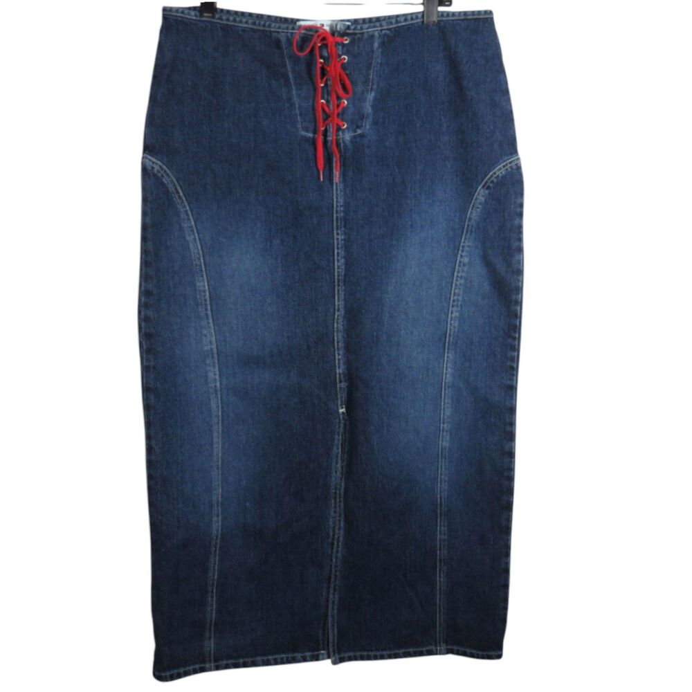 Tommy Hilfiger Vintage Women's Lace Up Denim Jean Maxi Skirt Size 14